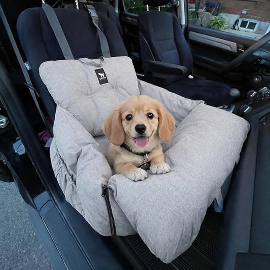 JACKO & CO Premium Dog Car Seat – Safe & Cozy Travel Bed and Carrier for Small Dogs, Puppies, Pets up to 25 lbs, Clip-On Leash & Storage Pockets, Water-Resistant, Machine Washable (Grey Small)