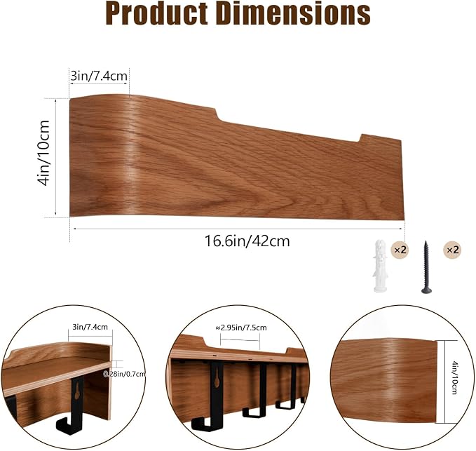 Coat Rack Wall Mount with Hidden Hooks, Wall Hooks with Shelf, Wall Key Holder Mount Wooden Shelf Entryway Hooks for Bedroom Bathroom for Hanging Coats Hats Bags Towels (Walnut, 4 Hooks) - Image 3