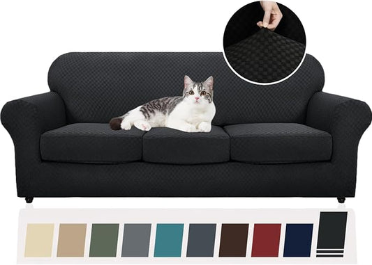 YEMYHOM Latest Checkered 4 Pieces Couch Covers for 3 Cushion Couch High Stretch Thickened Sofa Cover for Dogs Pets Elastic Slipcovers Living Room Furniture Protector (Black), 71"-91"(3 Cushions) by YEMYHOM
