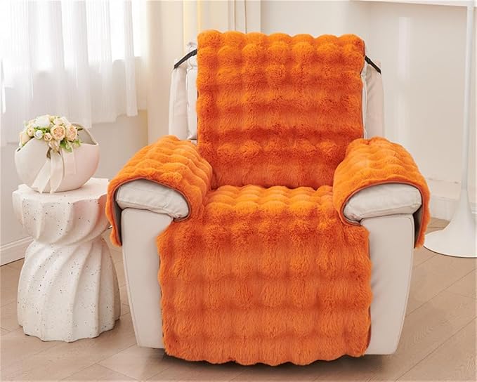 Plush Recliner Slipcover Home Faux Fur Fluffy Recliner Chair Slipcover Non Slip Back Fuzzy Fluffy Reclining Couch Cover Soft Comfort Sofa Slipcover Washable Furniture Protector (Orange) - Image 2