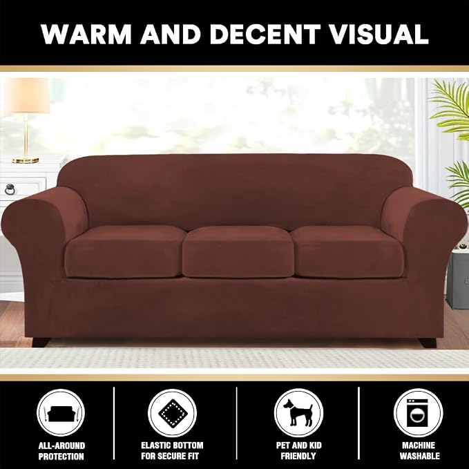 PrinceDeco Velvet Couch Covers for Sofa Soft 4 Pieces Couch Covers for 3 Cushion Couch Sofa Pet Friendly Furniture Protector with Non Slip Elastic Bottom Width Up to 97 Inch (Large Sofas, Burnt Brick) - Image 2