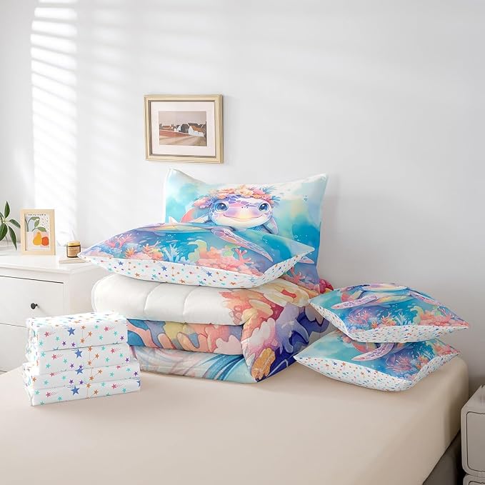 Erosebridal Tortoise King Size Comforter Set with Sheets, Ocean Animal Bed in A Bag for Kids Teens Youth Adults Bedroom, Underwater World Sea Animal 7 Pcs Bedding Set, Watercolour Coral Bed Sets - Image 5
