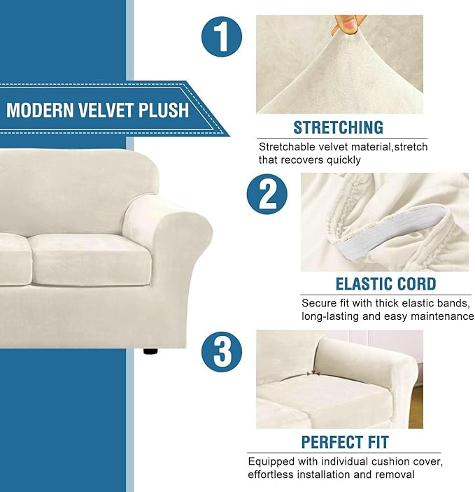 H.VERSAILTEX Modern Velvet Plush 4 Piece High Stretch Sofa Slipcover Furniture Protector Form Fit Luxury Thick Velvet Extra Large Sofa Cover for 3 Cushion Couch Width Up to 105 Inch(XL Sofa, Ivory) - Image 3