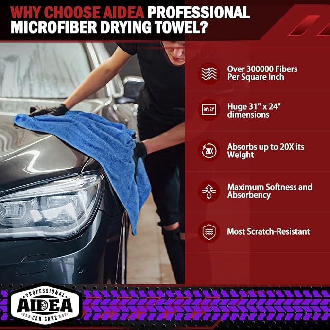 AIDEA Microfiber Towels for Cars-4PK, Large Professional Car Drying Towel, Scratch-Free & Absorbent Drying Towel for Cars, SUVs, RVs, Trucks, and Boats, 24inx 31in, Blue - Image 2