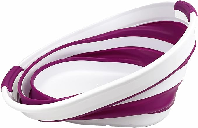 SAMMART 23L (6 Gallons) Collapsible Plastic Laundry Basket - Oval Tub/Basket - Foldable Storage Container/Organizer - Portable Washing Tub - Space Saving Laundry Hamper (White/Purple) - Image 3