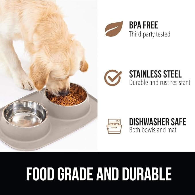 GORILLA GRIP Dog Bowl Set with Slip Resistant Silicone Feeding Mat, 4 Cup, Food Grade 304 Stainless Steel Bowls, BPA Free, High Edge Spill Containment, Dishwasher Safe, Finger Notch Removal, Beige - Image 5