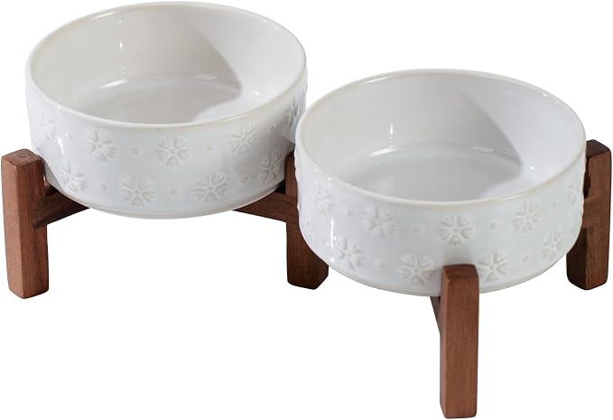 Havniva Elevated Dog Bowls, Ceramic Raised Dog Bowl with Stand | 5.1” Dog Food Bowls Elevated, Dog Food and Water Bowl Set, Non-Slip Acacia Wood Stand, Small Dogs Bowl, 1.6 Cups 13.5 oz by Havniva