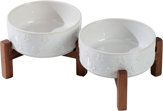 Havniva Elevated Dog Bowls, Ceramic Raised Dog Bowl with Stand | 5.1” Dog Food Bowls Elevated, Dog Food and Water Bowl Set, Non-Slip Acacia Wood Stand, Small Dogs Bowl, 1.6 Cups 13.5 oz by Havniva