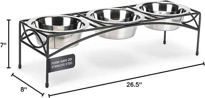 NMN Designs Regal Triple Diner - Triple Bowl Dog and Cat Feeder Stand - Ideal for Feeding Multiple Pets - Durable Wrought Iron Construction with 3-2 Qt Stainless Bowls - 26.5" L x 8" W x 7" H, Black - Image 7