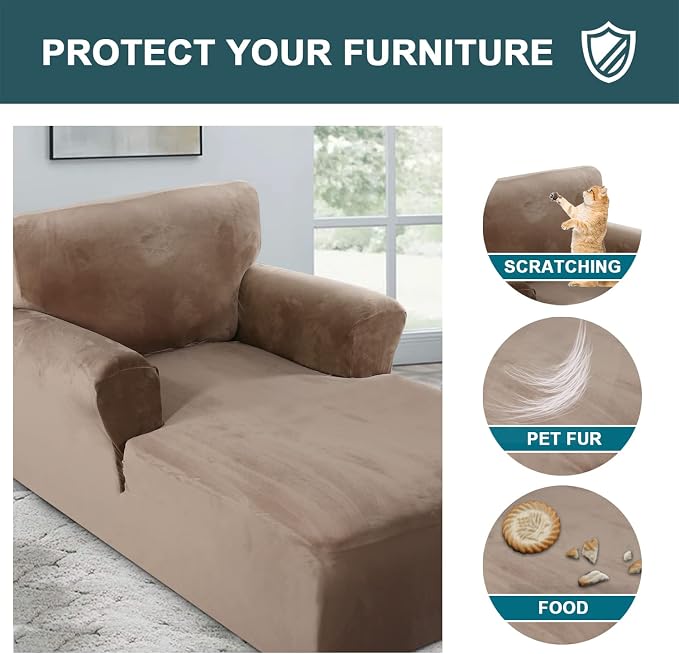FantasDecor Velvet Chaise Lounge Cover Stretch Double Arm Chair Slipcover for Living Room Bedroom Soft Plush Fabric Machine Washable, Taupe - Image 5