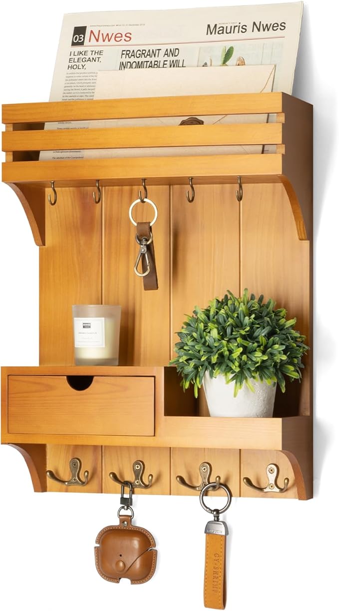 Rebee Vision Key Holder Wall Mount with Drawer for Room Decor, Light Brown | Pine Wood, Key Holder for Wall, 9 Key Hooks, Drawer Organizer, Floating Wall Shelf, Mail Sorter, Room Decor Aesthetic by REBEEVISION