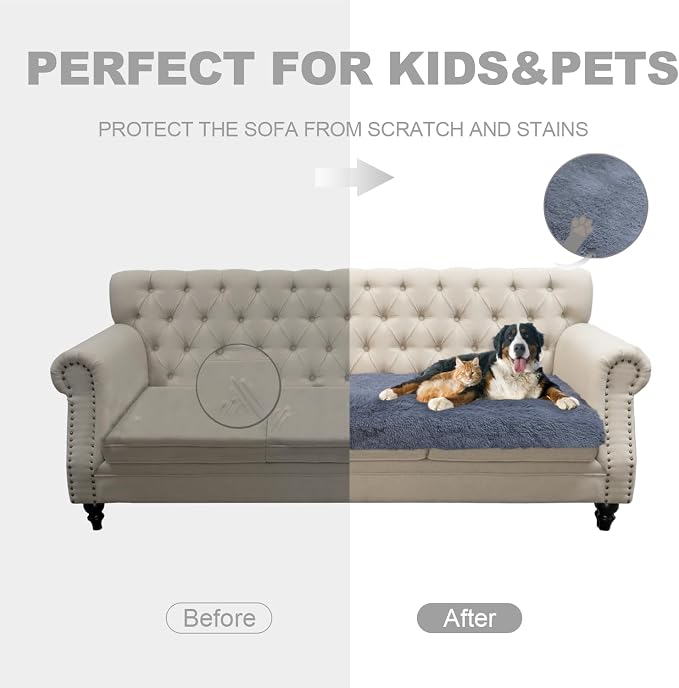 Dogs/Cats Bed Mats, Dog Pad Washable Removable Couch Cover with Anti-Slip Back, Plush Long Fur Mat, Perfect for Small, Medium and Large Dogs.(Navy Blue, 30"x90") - Image 3