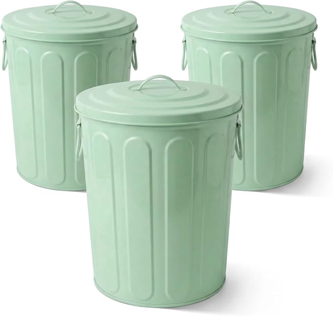 Plexon 5 Gallon Small Metal Trash Can with Lid Outdoor Galvanized Steel Bucket with Lid 5 Gal Storage Can for Dog Food Bird Seed Storage Container, Green 3 Pack by Plexon