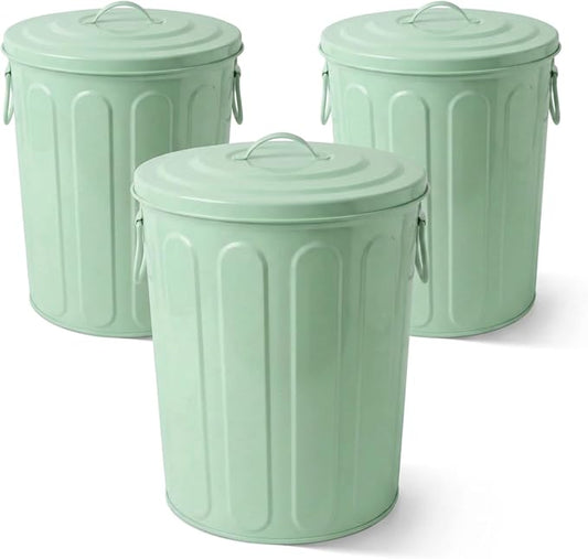 Plexon 5 Gallon Small Metal Trash Can with Lid Outdoor Galvanized Steel Bucket with Lid 5 Gal Storage Can for Dog Food Bird Seed Storage Container, Green 3 Pack by Plexon