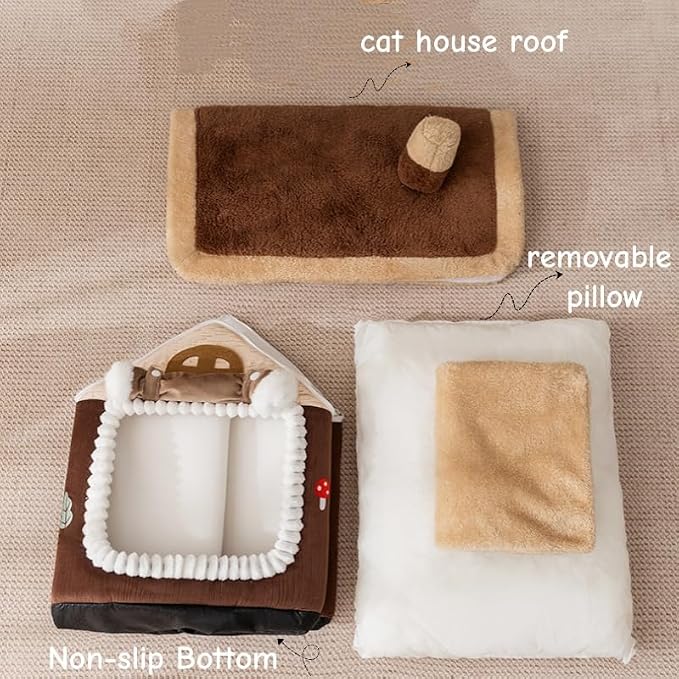 Mushroom Cat Bed for Indoor Cats, Cat Cave Bed with Door Curtain, Foldable Dog House with Reversible Cushion, Covered Pet Bed for Cats Small Dogs (Brown, L-19.2 * 15.3 * 18in) - Image 7