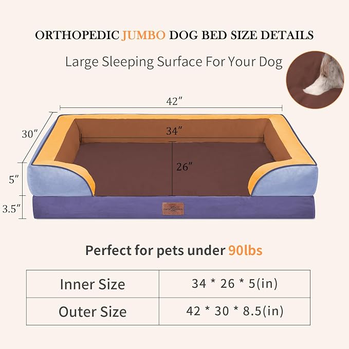 Comfort Expression Orthopedic Dog Bed for Extra Large Dogs with Bolster | Waterproof Dog Couch Bed with Washable Cover & Non-Slip Bottom, Supportive Egg Crate Foam XL Pet Bed, 42x30 Inch - Image 7