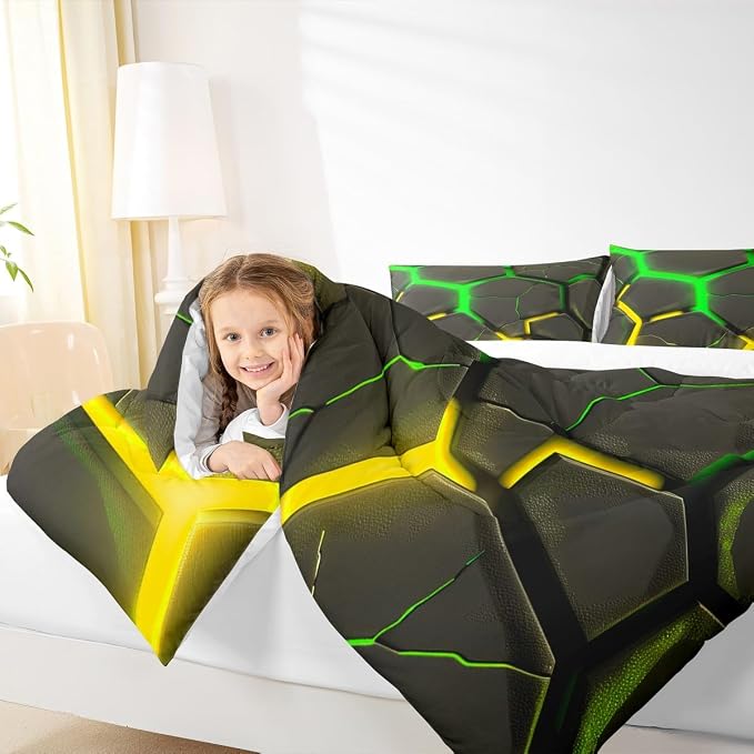 Geometric Honeycomb Comforter Set Queen Size,Abstract Hexagon Patchwork Fashion Bedding Set for Boys Girls Men Room Decor,Yellow Green Neon Modern Down Comforter,Unique Duvet Insert,2 Pillowcases - Image 3