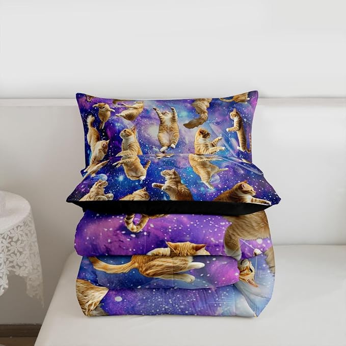 Feelyou Cats Comforter Set Galaxy Cute Cat Bedding Set for Kids Boys Girls University Planets Pet Cat Design Comforter Fun Lovely Animals Quilt Collection 3Pcs Queen Size Boys - Image 3