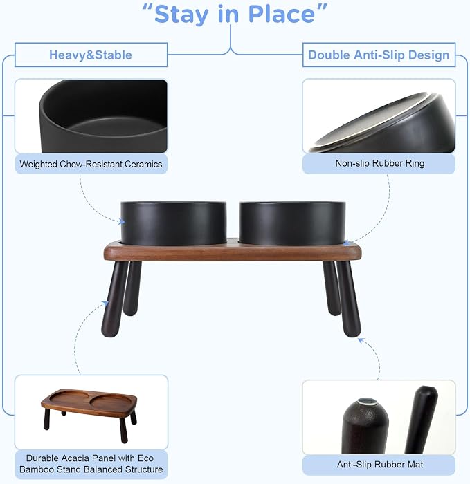 SPUNKYJUNKY Ceramic Elevated Dog Bowls Raised with Acacia Bamboo Wooden Stand, 6.1'' Dog and Cat Food Water Bowls Set Non-Slip for Small Medium Sized Breed Microwave Dishwasher Safe - 28.7 OZ,Black - Image 4