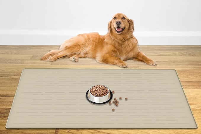 48" x 32" XXXL Largest Pet Food Mat, Silicone Dog Mats for Food and Water, Nonslip Pet Feeding Mats for Floors,Dog Cat Bowl Mat with Raised Edges, Beige by WelcometoULTIBE