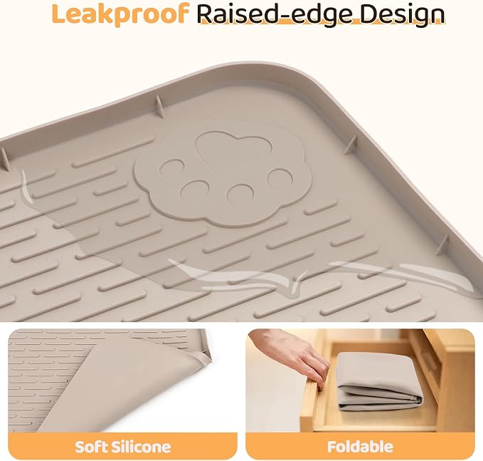 Dog Food Mat 50''x35'' Extra Large Dog Mat for Food and Water, Khaki | Silicone Dog Bowl Mat with Raised Edge, Waterproof Non-Slip Pet Feeding Mat for Floors, fit for Dog Cat Bowls - Image 3
