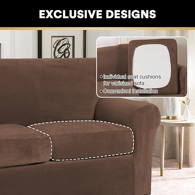PrinceDeco Velvet Couch Covers for Sofa Soft 4 Pieces Couch Covers for 3 Cushion Couch Sofa Pet Friendly Furniture Protector with Non Slip Elastic Bottom Width Up to 97 Inch (Large Sofas, Caramel) - Image 5