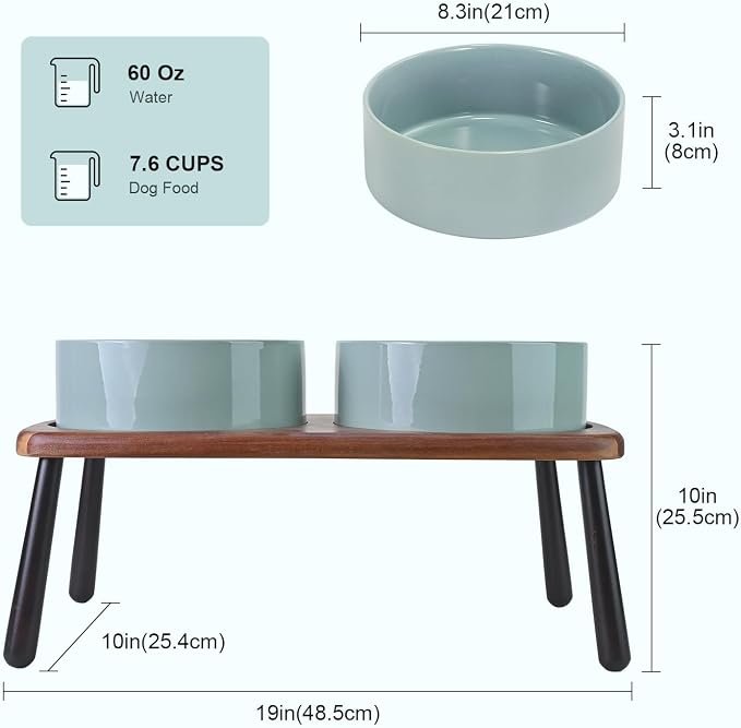 SPUNKYJUNKY Ceramic Elevated Dog Bowls Raised with Acacia Bamboo Wooden Stand, 8.3'' Dog Food Water Bowls Set Non-Slip for Medium Large Sized Breed Microwave Dishwasher Safe - 60 OZ,Light Green - Image 2