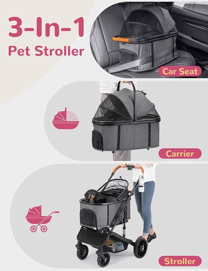 Dog Stroller for Small Medium Dogs Up to 60lbs, 4 Wheels Folding Pet Stroller with Detachable Carrier, Pet Travel Carrier for 2 Dogs & Cats, Storage Basket, Breathable, Grey