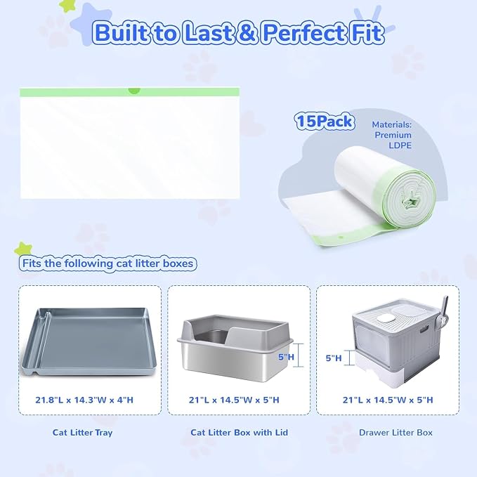 PETOCAT for Cat Litter Liners for Pet Scoop Free Crystal Litter Tray, Open/Hooded Litter Pan and Pull-Out Litter Box Sliding Drawer, Disposable Replacement Kitty Poop Bags (15 Count, 37 W x 13 H) - Image 2