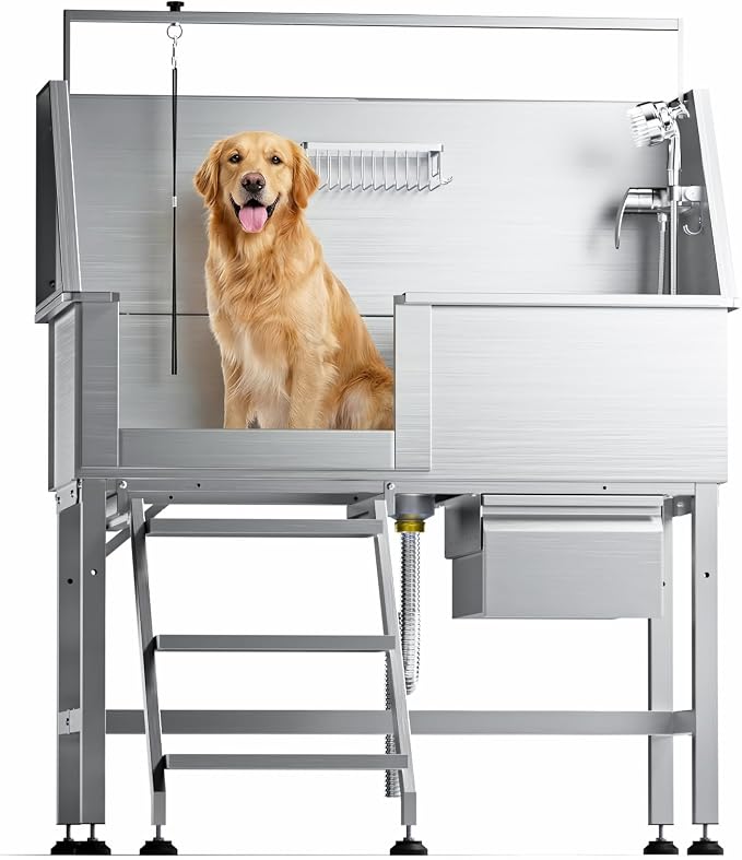 Professional Dog Washing Station, 46 Inch 304 Stainless Steel Pet Grooming Tub with Side-Mounted Faucet, Telescopic Ramp & Storage Drawer for Large & Senior Dogs, Outdoor Raised Sink (46" Left Step) by DYTREND