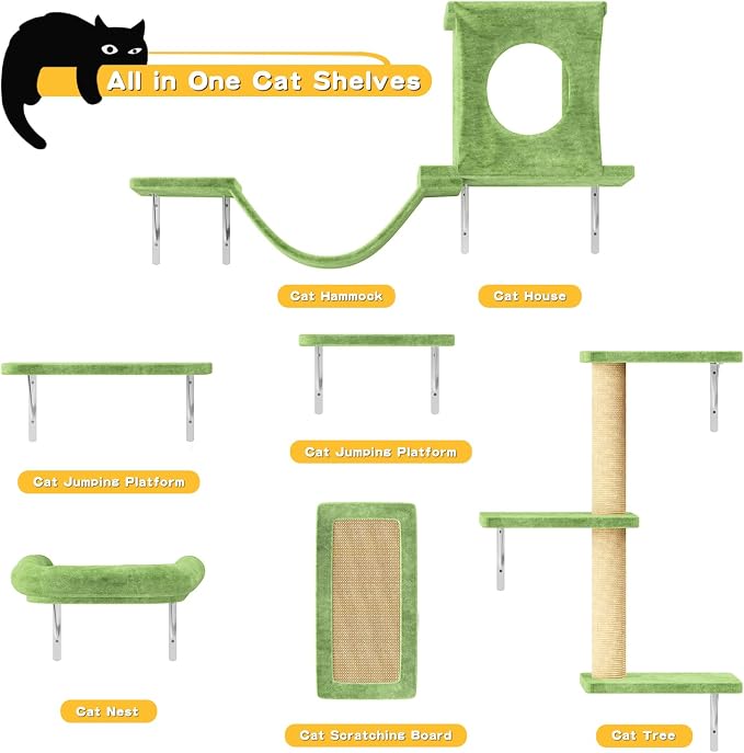 12-in-1 Cat Wall Shelves, Luxury Wall-Mounted Cat Climber Set | with Condos House, Scratching Post, Bridge Ladder, Indoor Space-Saving Furniture for Kittens, Green - Image 2
