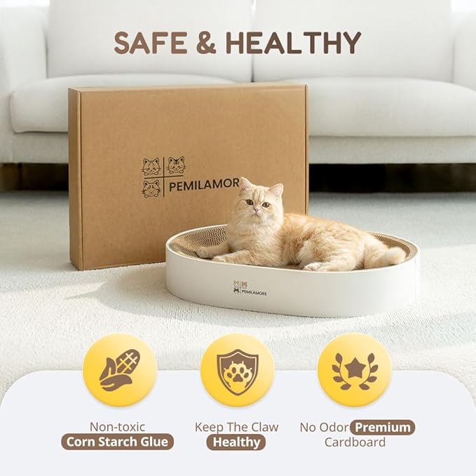 Extra Large Oval Cat Scratcher Lounge Bed - Heavy Duty Double-Sided Cardboard Scratching Pad, Modern White Cat Furniture & Sofa for Large Indoor Cats - Image 6