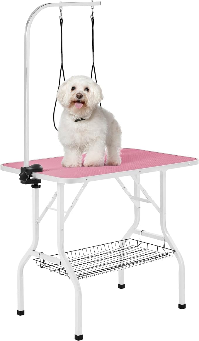 Yaheetech 36'' Dog Grooming Table, Adjustable Pet Foldable Grooming Table w/Double Loops/Mesh Tray Maximum Capacity Up to 220lbs, Pink by Unknown