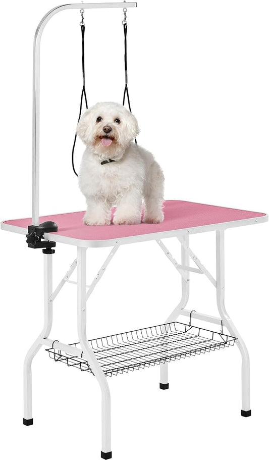 Yaheetech 36'' Dog Grooming Table, Adjustable Pet Foldable Grooming Table w/Double Loops/Mesh Tray Maximum Capacity Up to 220lbs, Pink by Unknown