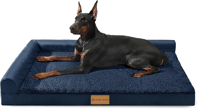 Patas Lague Orthopedic Large Dog Bed Pet Sofa Beds 56''X40''Navy Blue | L Bolster Egg-Crate Foam Dog Couch For Large Sized Dogs, Waterproof Removable Washable Cover, Pet Mat with Nonskid Bottom by PatasLague