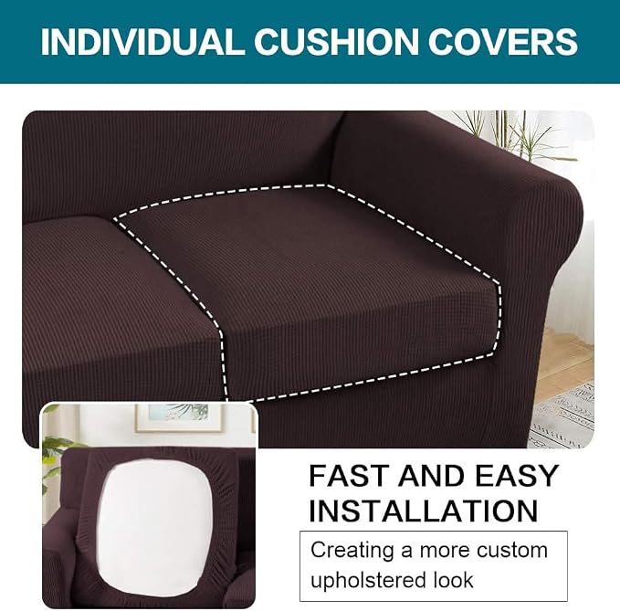 Turquoize 3 Piece Sofa Covers For 2 Cushion Couch Sofa Slipcover Soft Couch Cover For Dogs-Washable Sofa Furniture Covers With 2 Individual Cushion Covers, Feature Thick Fabric (2 Cushion Sofa, Brown) - Image 5