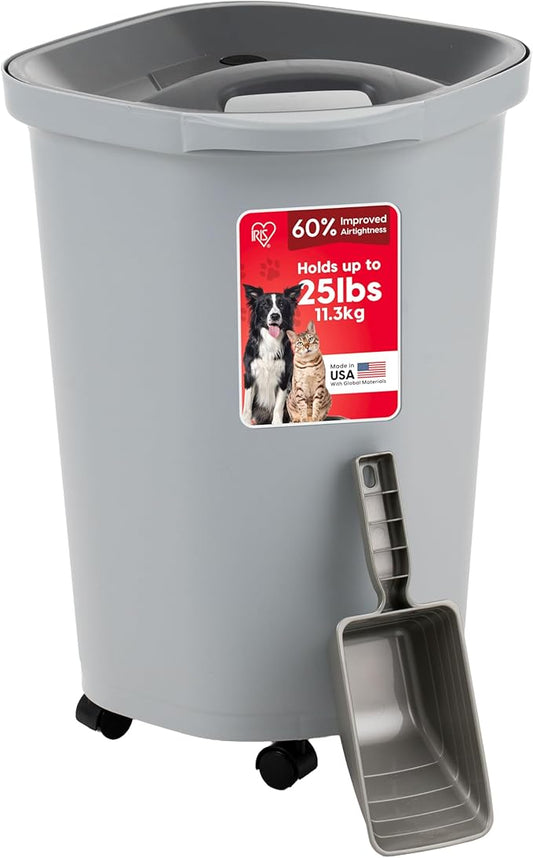 IRIS USA Pet Food Storage Container 25 lbs, Premium 60% Improved Airtight Seal with Air Valve, 2 Cup Scoop, Removable Wheels, Easy to Open - Made in the USA, Gray by IRISUSA