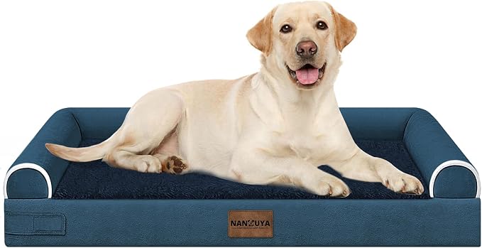 NANUYA Orthopedic Dog Bed for Large Dogs, 38 x 25 Inch, Navy Blue | Egg crate foam for joint support, 3-sided bolster pet sofa, waterproof lining, washable cover, and non-skid base by Nanuya
