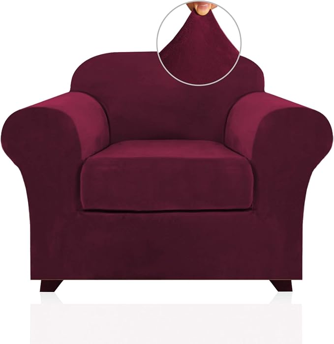 PrinceDeco Velvet Plush Couch Cover Stretch 2 Piece Chair Cover Chair Slipcover Washable Furniture Protector Couch Soft with Elastic Bottom Armchair Cover Width Up to 49 Inch(Small, Burgundy) by PrinceDeco