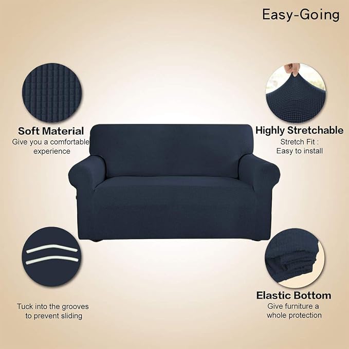 Easy-Going Stretch Loveseat Couch Covers Washable Dark Blue | 1-Piece Loveseat Covers for 2 Cushion Couch Furniture Protector RV Sofa Slipcover Soft with Bottom for Kids Pets - Image 3