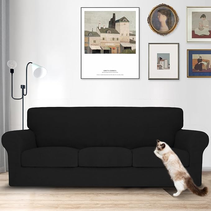 MAXIJIN 4 Piece Couch Covers for 3 Cushion Couch Sofa Covers, Stretch Couch Slipcovers for Sofas with 3 Cushions, Thick 3 Seat Furniture Protector for Dogs Pet (71"-91", Black) - Image 2