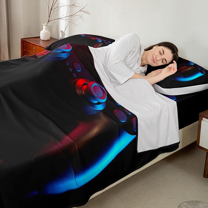 Erosebridal Games Bedding Set Full Size,Kids Gamer Bed Sheet Set Teens Video Games Fitted Sheet Boys 3D Gamepad Flat Sheet Children Game Bedroom Decor Soft Modern Gaming Controller Sheets,Black - Image 2