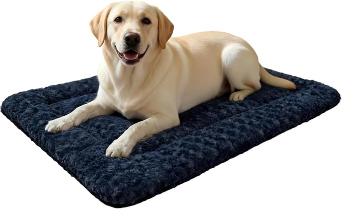 Washable Dog Bed Mat With Anti-Slip Bottom, Deluxe Plush Memory Foam Crate Pad & Waterproof Outdoor Kennel Mat For Dogs & Cats-Durable Crates Beds, Large Medium Small Puppy Size 36" x 24",Blue by Unknown