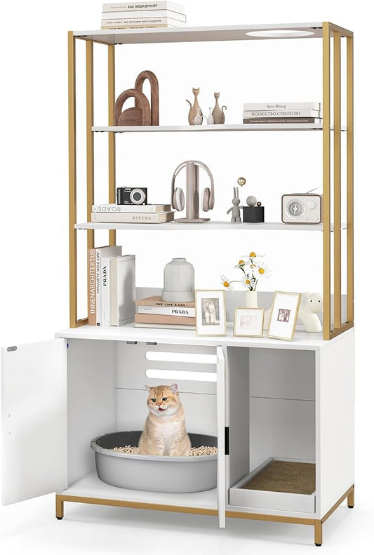 PETSITE Cat Litter Box Furniture with 3 Shelves and Doors, 61 inch Tall Cat Box Enclosure with Display Shelves, Scratching Pad, Indoor Hidden Litter Box with Decorative Storage Shelving (White) by PETSITE