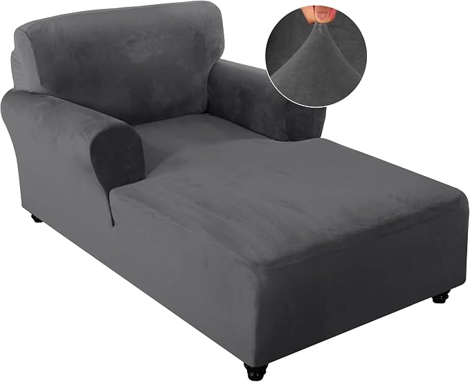 FantasDecor Velvet Chaise Lounge Cover Stretch Double Arm Chair Slipcover for Living Room Bedroom Soft Plush Fabric Machine Washable, Grey by FantasDecor