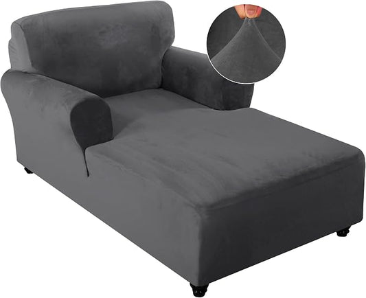 FantasDecor Velvet Chaise Lounge Cover Stretch Double Arm Chair Slipcover for Living Room Bedroom Soft Plush Fabric Machine Washable, Grey by FantasDecor