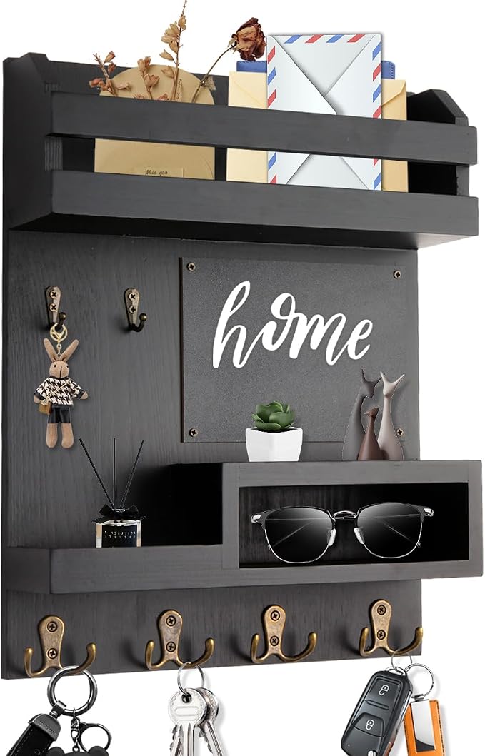 Large Key and Mail Holder Wall Mount, 12.5x16.5 Inch Solid Wood Key Racks for Entryway, Front Door, Hallway, Wall Organizer (Matte Black) by Eryvik