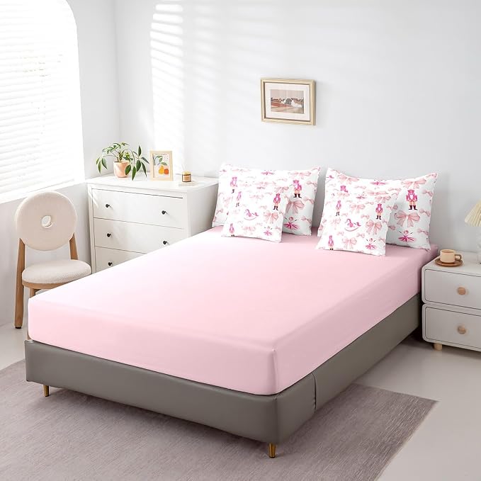 Erosebridal 7 Piece Pink Bow Comforter Set King Bed in a Bag,Cute Nutcracker Bedding Set for Girls Child,Kids Bowknot Trojans Duvet Insert,Ballet Girl Dancer Quilt,Dreamy Princess Style Sheet Set - Image 5
