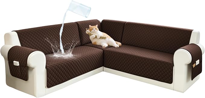 Sectional Couch Covers for Dogs 100% Waterproof Corner L Shaped Sofa Cover Pet Friendly Velvet Washable Anti Slip L Shape Modular Sofa Slipcover Protector with Pockets (Dark Brown, Large) by SYJOVIA