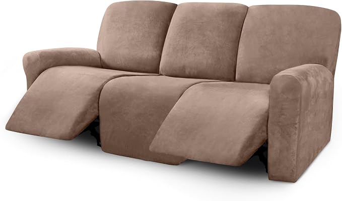 ULTICOR Velvet 8-Pieces Recliner Sofa Covers Stretch Reclining Couch Covers for 3 Cushion Reclining Sofa Slipcovers Furniture Covers Thick Soft Washable (3 Seater Recliner Cover, Sand) by ULTICOR